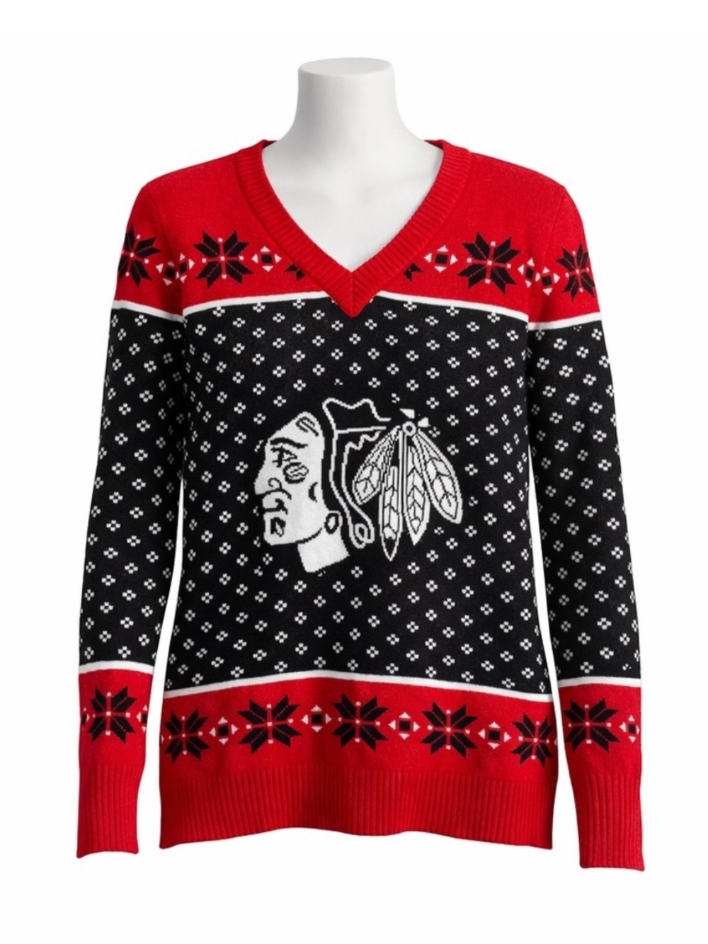 Size XL NHL Women Chicago Blackhawks Sweater‎ V Neck Knit Hockey Fan Red Black